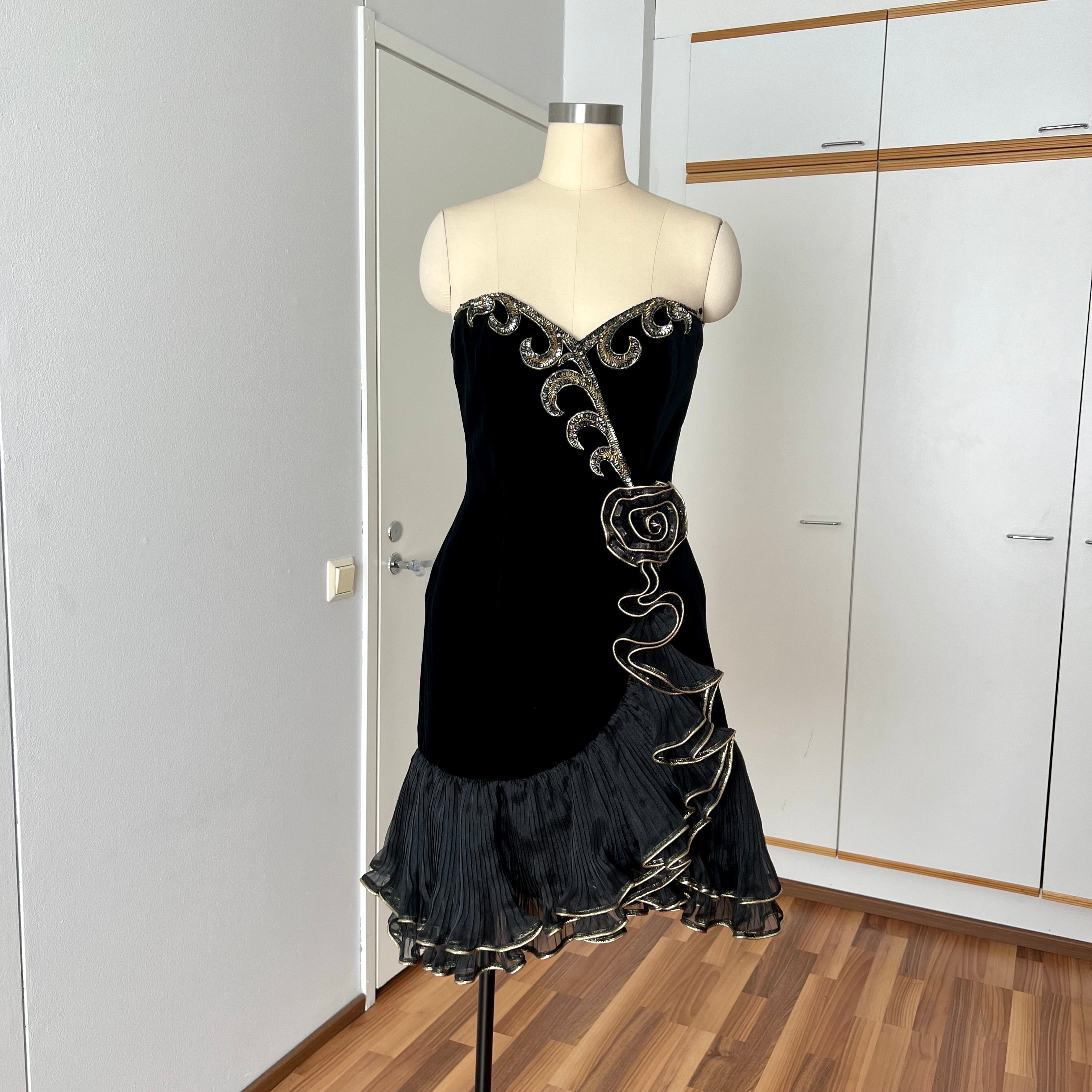 1980s Black Strapless Prom Dress-DAVID BUTLER Gold Sequin Cocktail Min – Nana's Vintage Shack