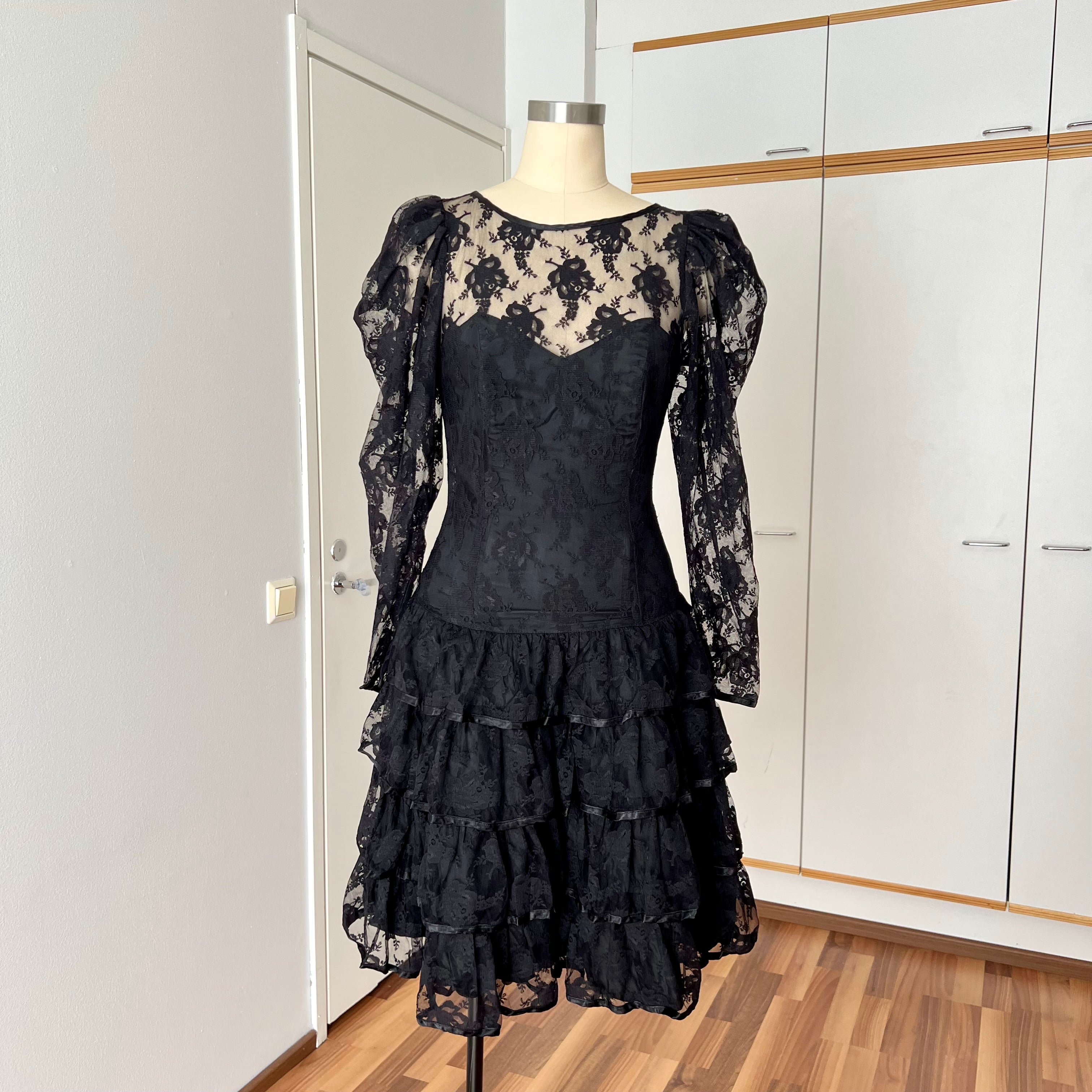 1980s Black Lace Party Dress Long Sleeves Whimsygoth Tiered Ruffle Cocktail Dress