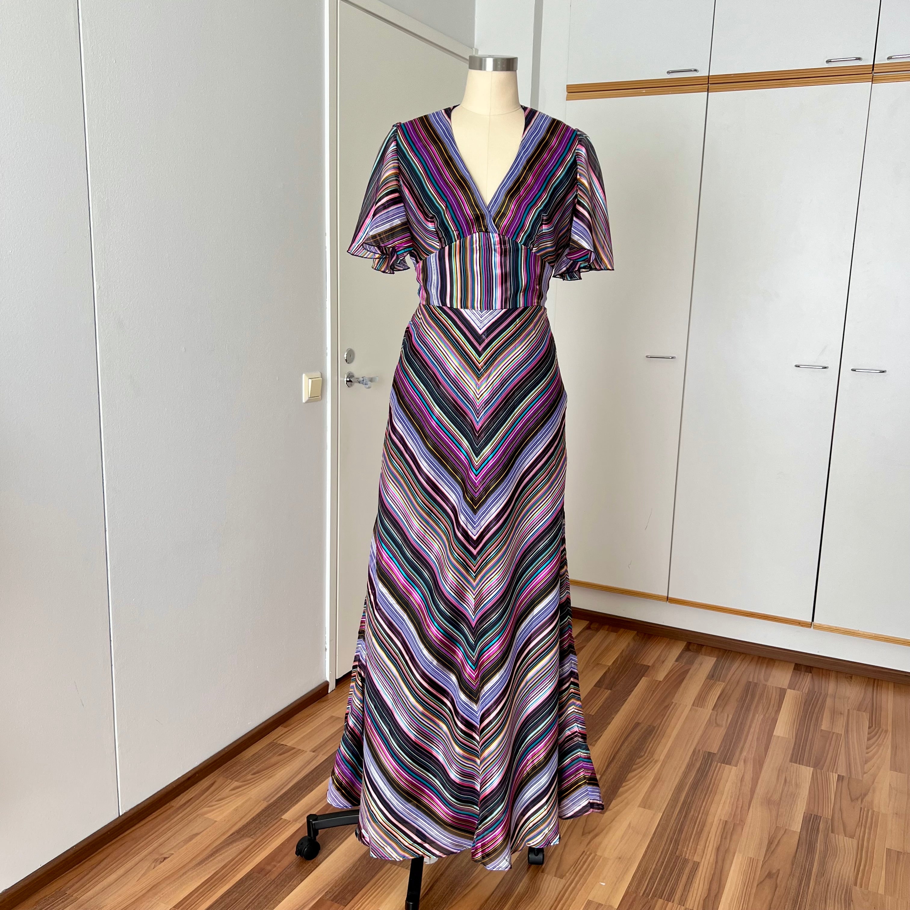 1970s Vintage VERA MONT Chevron Stripe Maxi Dress-V Neck Aline Formal Dress