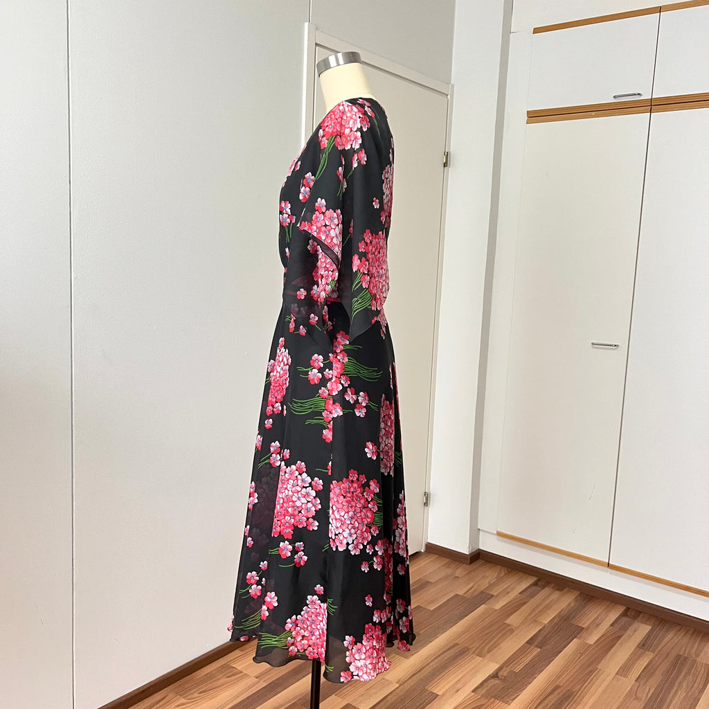 1970s Black Floral Fairy Midi Dress Romantic Boho Garden Party Flutter Sleeves Dress EU 40