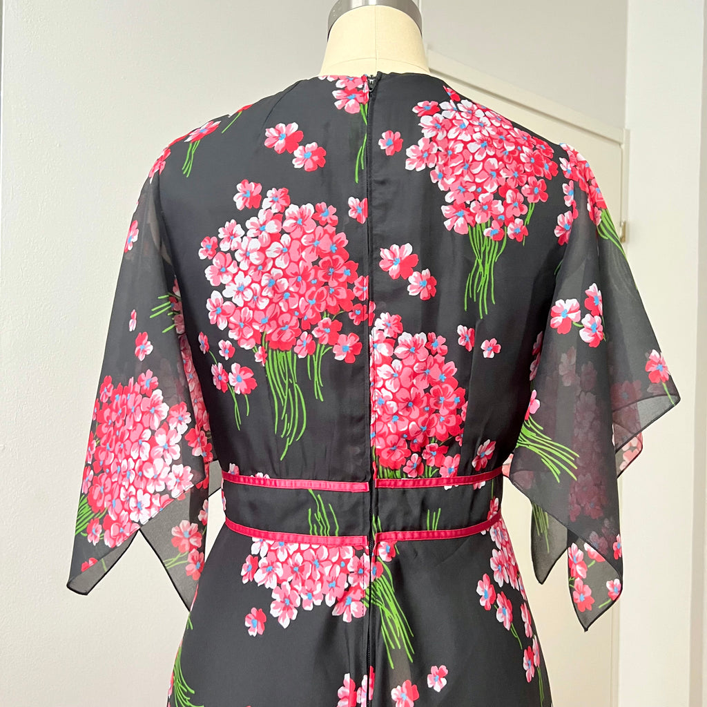 1970s Black Floral Fairy Midi Dress Romantic Boho Garden Party Flutter Sleeves Dress EU 40