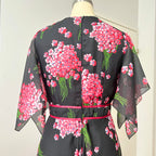 1970s Black Floral Fairy Midi Dress Romantic Boho Garden Party Flutter Sleeves Dress EU 40