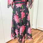 1970s Black Floral Fairy Midi Dress Romantic Boho Garden Party Flutter Sleeves Dress EU 40