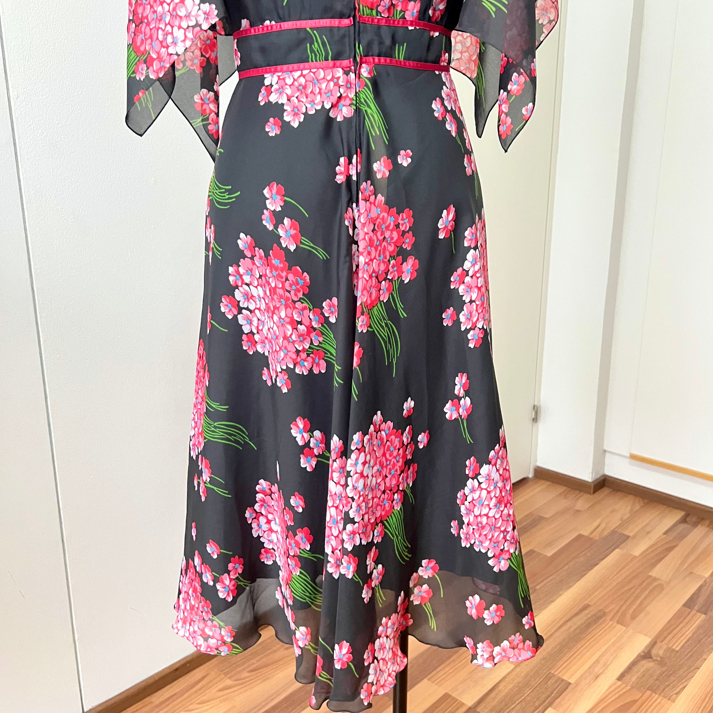 1970s Black Floral Fairy Midi Dress Romantic Boho Garden Party Flutter Sleeves Dress EU 40