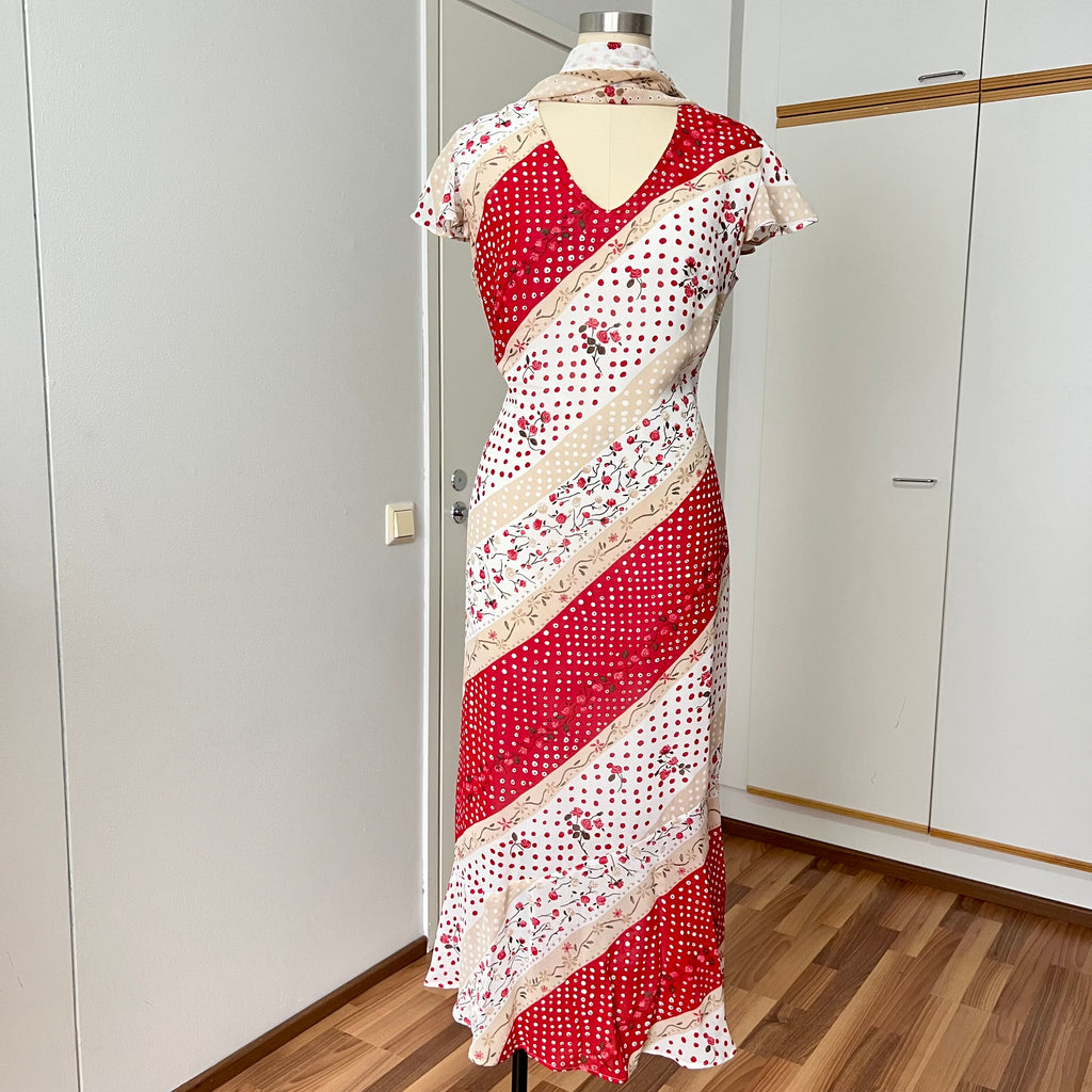 90s Floral Bias Cut Maxi Dress & Scarf French Vintage Viscose Romantic Boho Day Dress