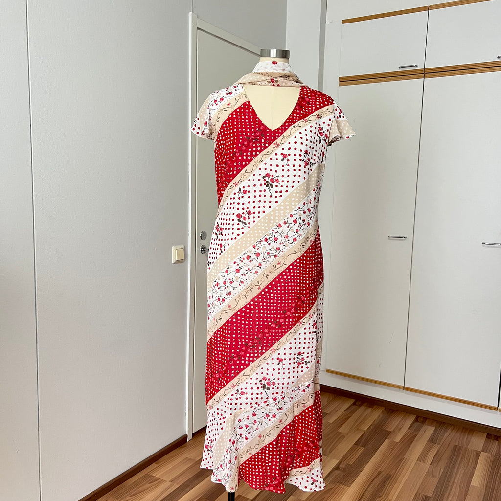 90s Floral Bias Cut Maxi Dress & Scarf French Vintage Viscose Romantic Boho Day Dress