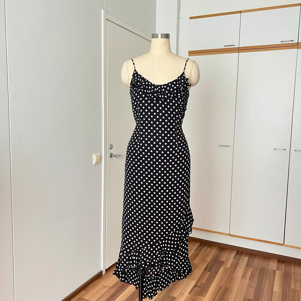 90s Viscose Polka Dot Slip Dress-Ruffle Hem Spaghetti Straps Midi Dress-Romantic Grunge Fairy Dress-Whimsygoth Asymmetric Dress EU 38
