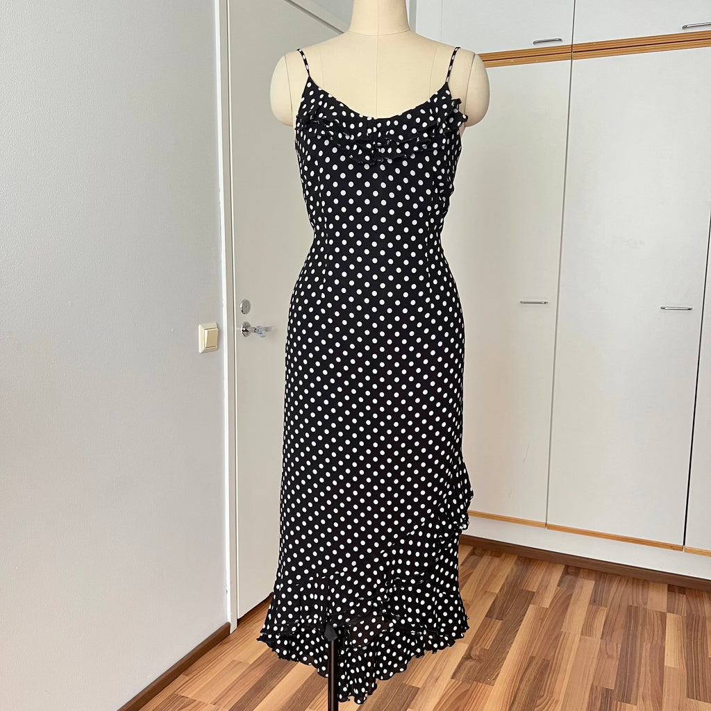 90s Viscose Polka Dot Slip Dress Ruffle Hem Spaghetti Straps Midi Asymmetric Dress EU 38
