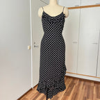 90s Viscose Polka Dot Slip Dress Ruffle Hem Spaghetti Straps Midi Asymmetric Dress EU 38