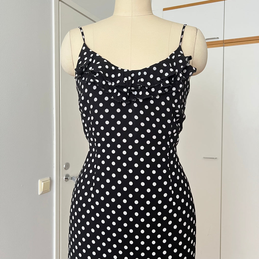 90s Viscose Polka Dot Slip Dress Ruffle Hem Spaghetti Straps Midi Asymmetric Dress EU 38