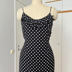 90s Viscose Polka Dot Slip Dress Ruffle Hem Spaghetti Straps Midi Asymmetric Dress EU 38