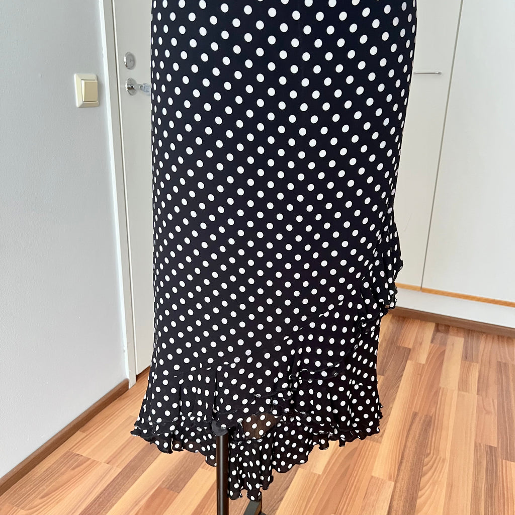 90s Viscose Polka Dot Slip Dress Ruffle Hem Spaghetti Straps Midi Asymmetric Dress EU 38