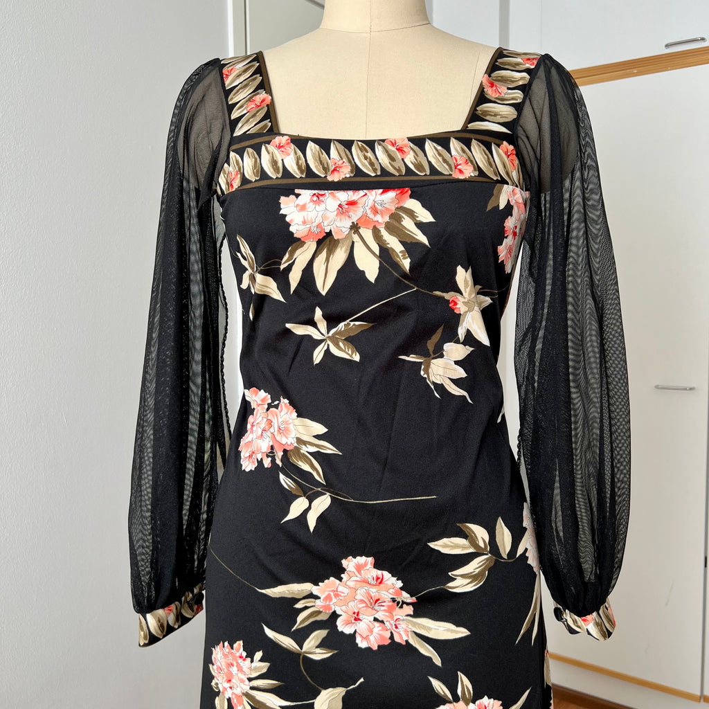 1970s Vintage Floral Boho Maxi Dress-French Vintage Sheer Split Sleeves