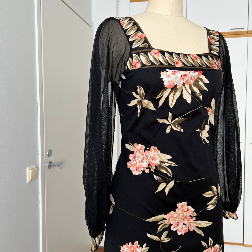 1970s Vintage Floral Boho Maxi Dress-French Vintage Sheer Split Sleeves