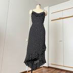 90s Viscose Polka Dot Slip Dress Ruffle Hem Spaghetti Straps Midi Asymmetric Dress EU 38