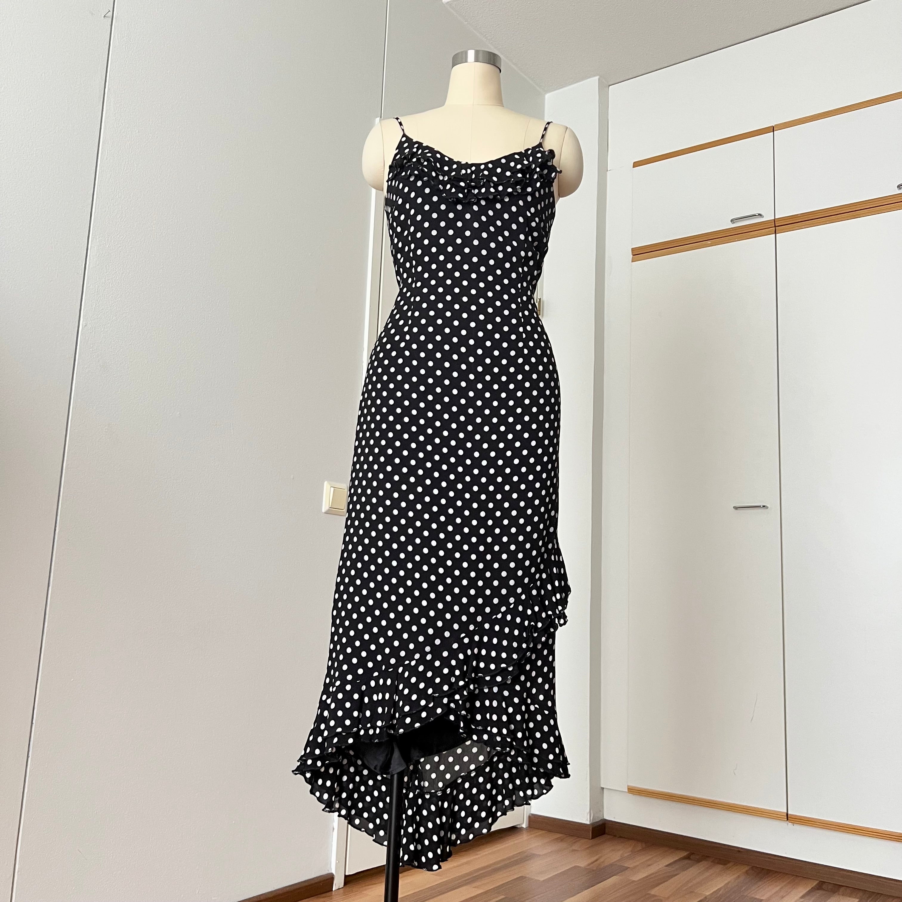 90s Viscose Polka Dot Slip Dress Ruffle Hem Spaghetti Straps Midi Asymmetric Dress EU 38