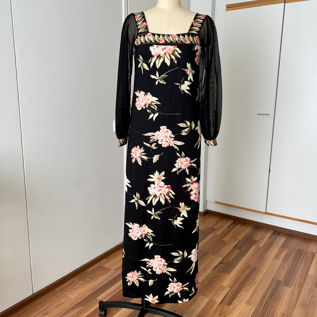 1970s Vintage Floral Boho Maxi Dress-French Vintage Sheer Split Sleeves