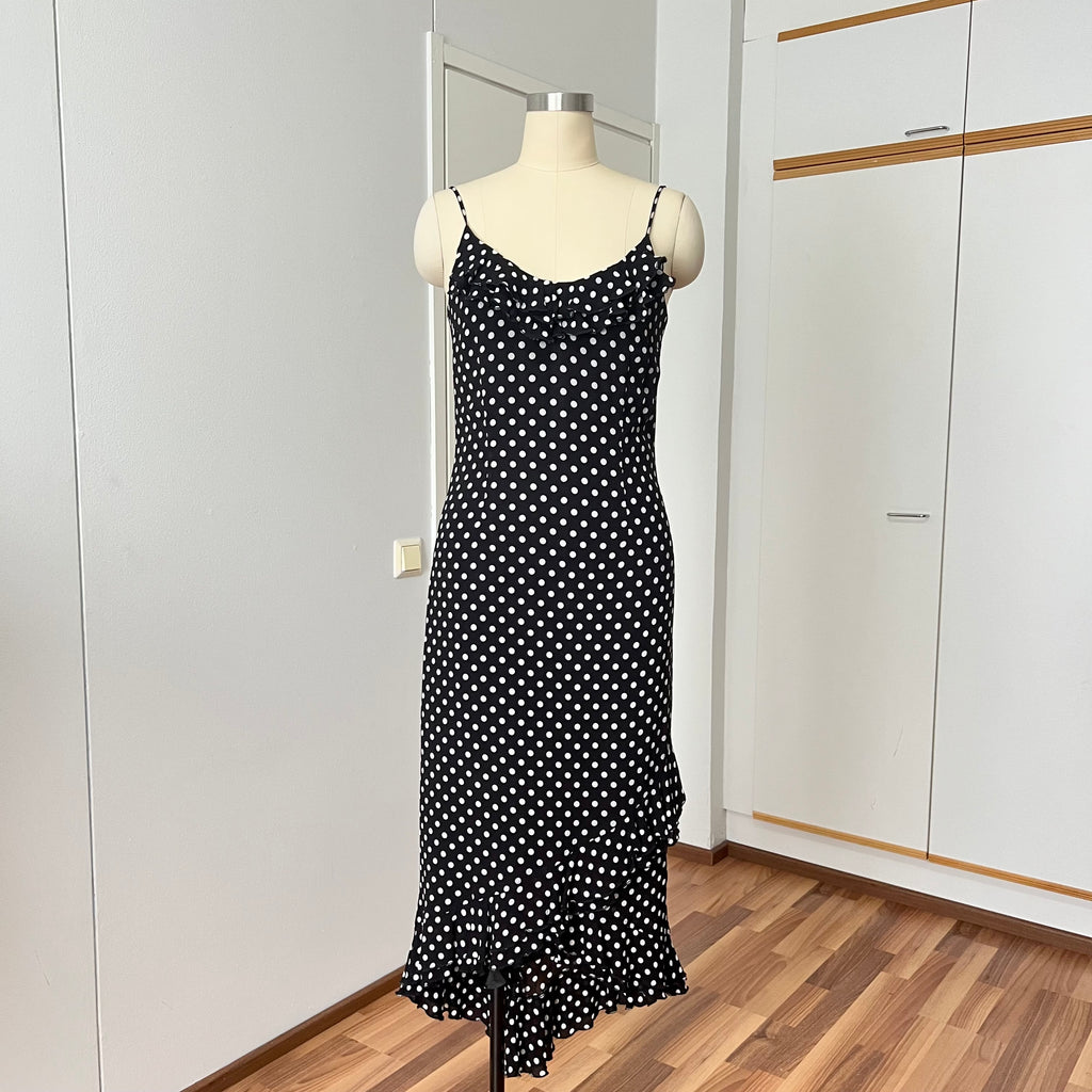 90s Viscose Polka Dot Slip Dress Ruffle Hem Spaghetti Straps Midi Asymmetric Dress EU 38