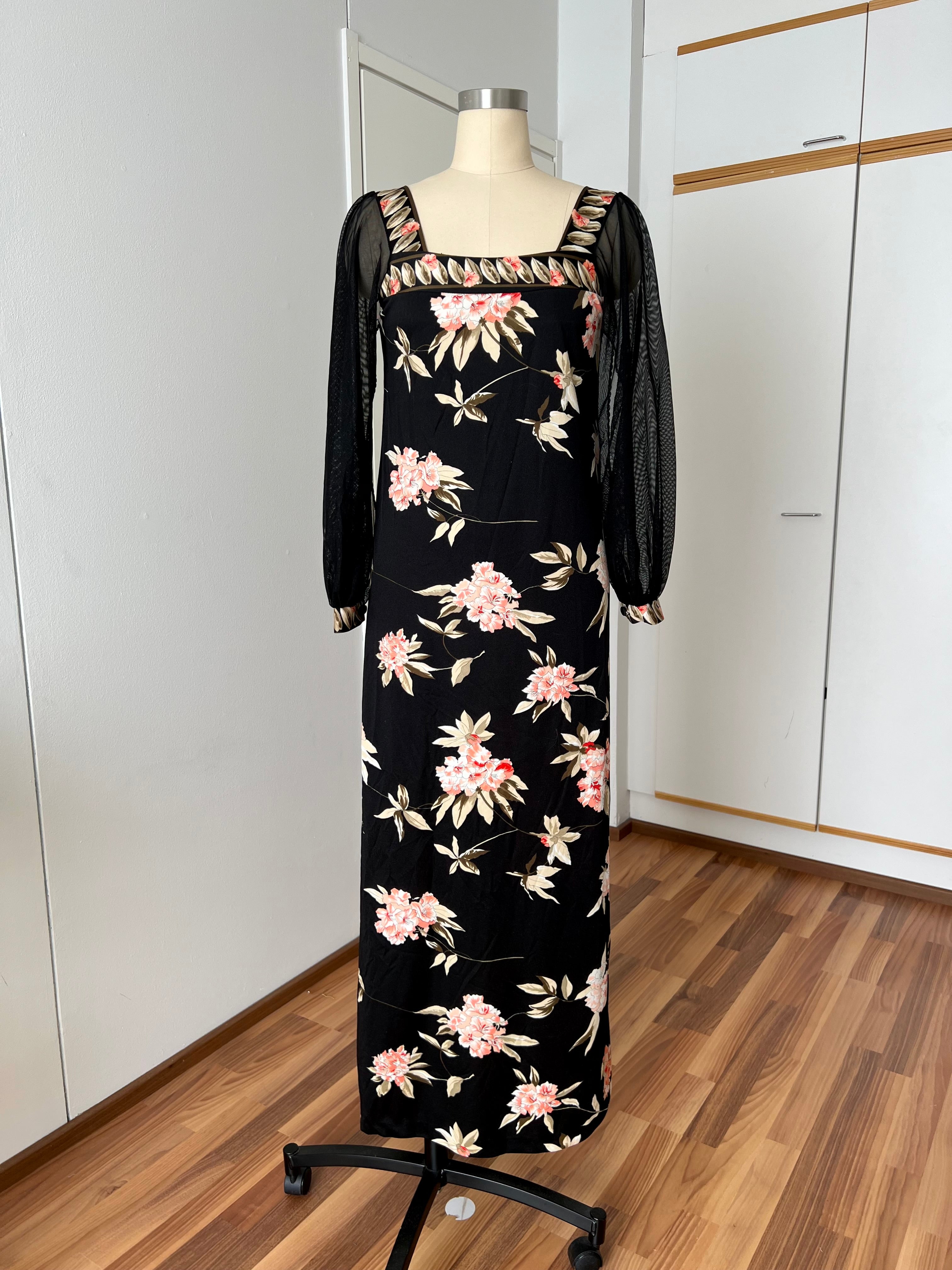 1970s Vintage Floral Boho Maxi Dress-French Vintage Sheer Split Sleeves