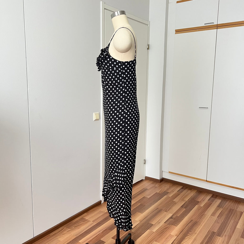 90s Viscose Polka Dot Slip Dress Ruffle Hem Spaghetti Straps Midi Asymmetric Dress EU 38