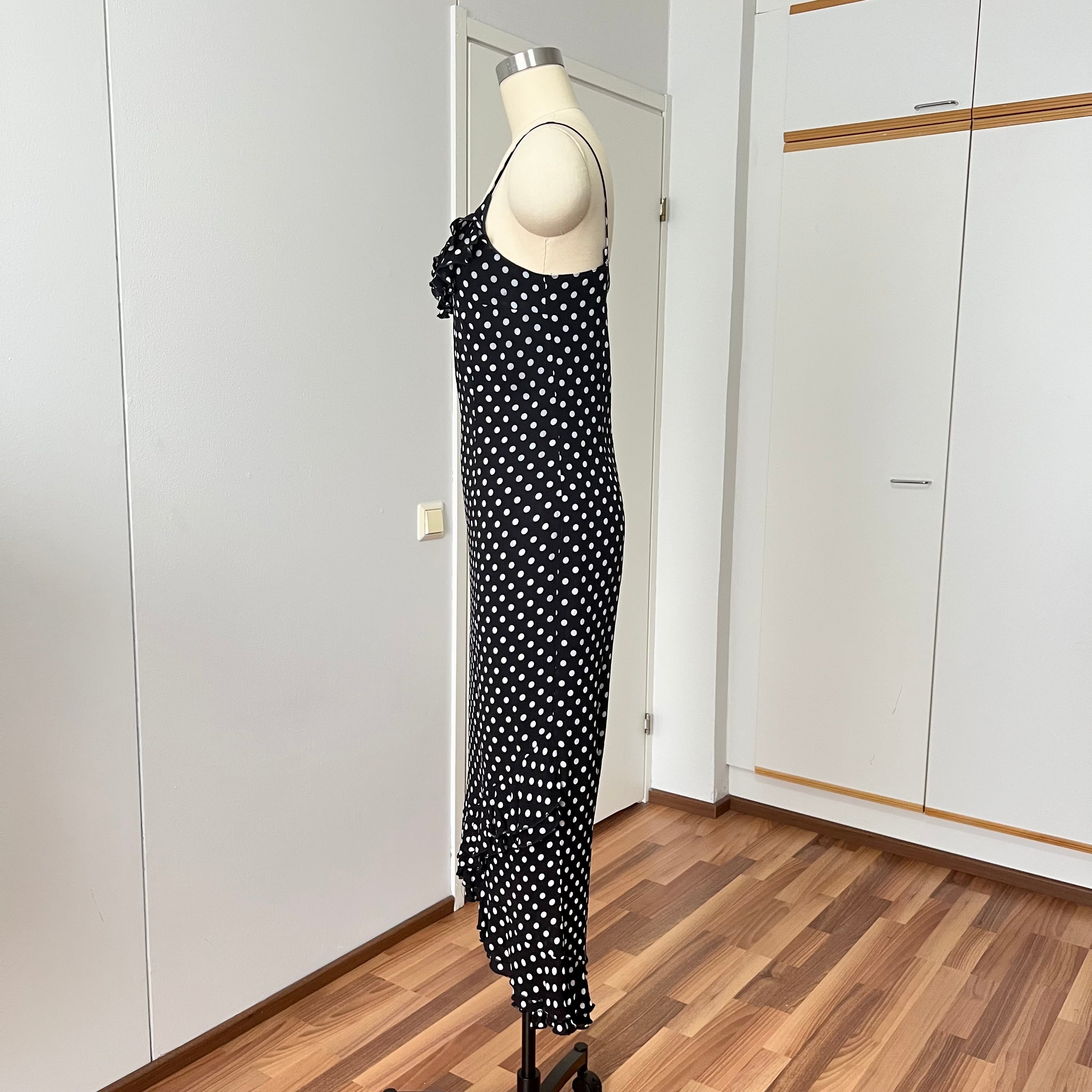 90s Viscose Polka Dot Slip Dress Ruffle Hem Spaghetti Straps Midi Asymmetric Dress EU 38