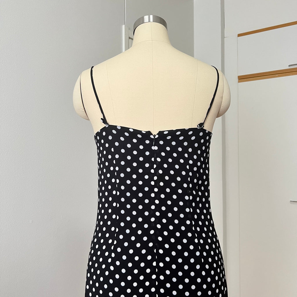 90s Viscose Polka Dot Slip Dress Ruffle Hem Spaghetti Straps Midi Asymmetric Dress EU 38
