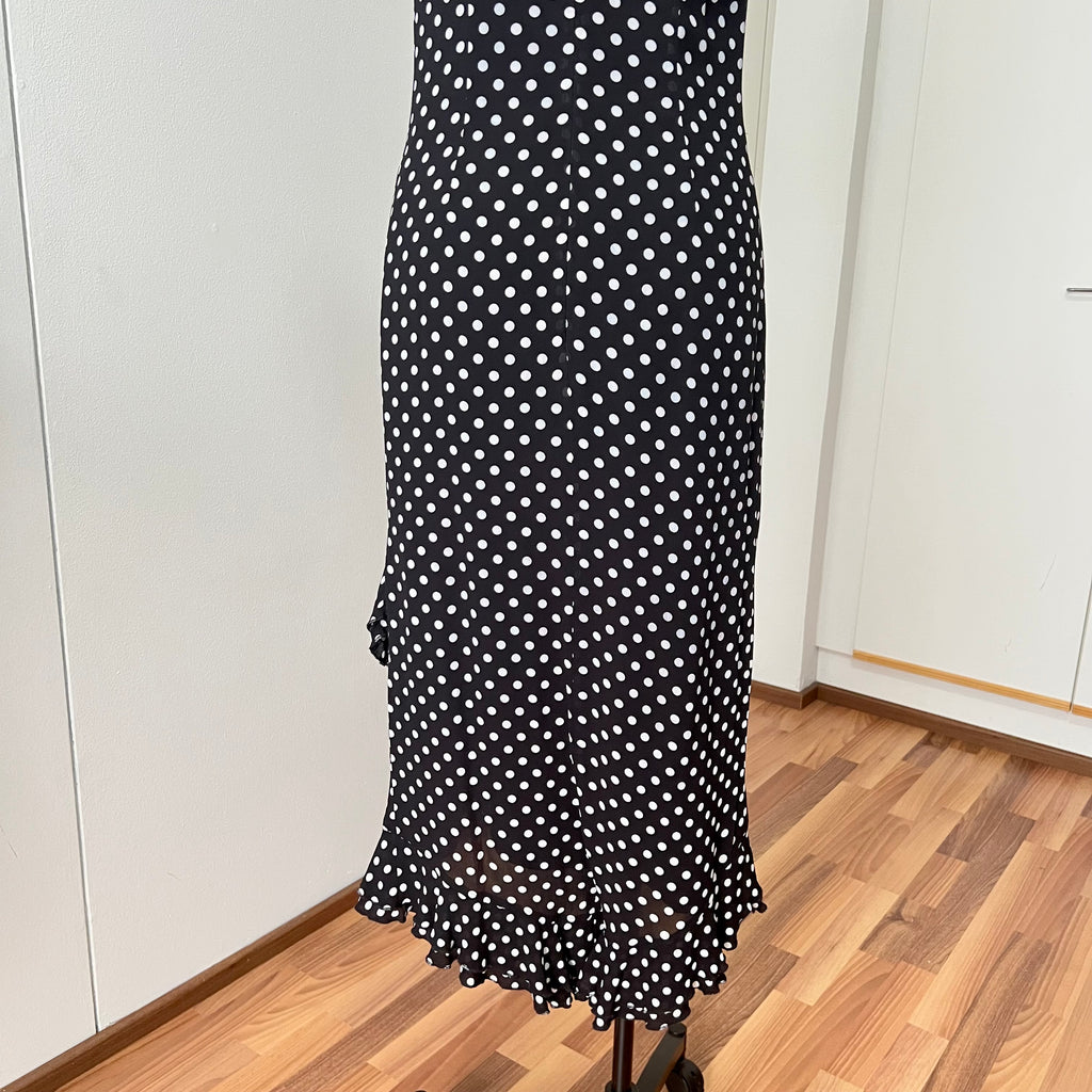 90s Viscose Polka Dot Slip Dress Ruffle Hem Spaghetti Straps Midi Asymmetric Dress EU 38
