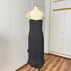 90s Viscose Polka Dot Slip Dress Ruffle Hem Spaghetti Straps Midi Asymmetric Dress EU 38