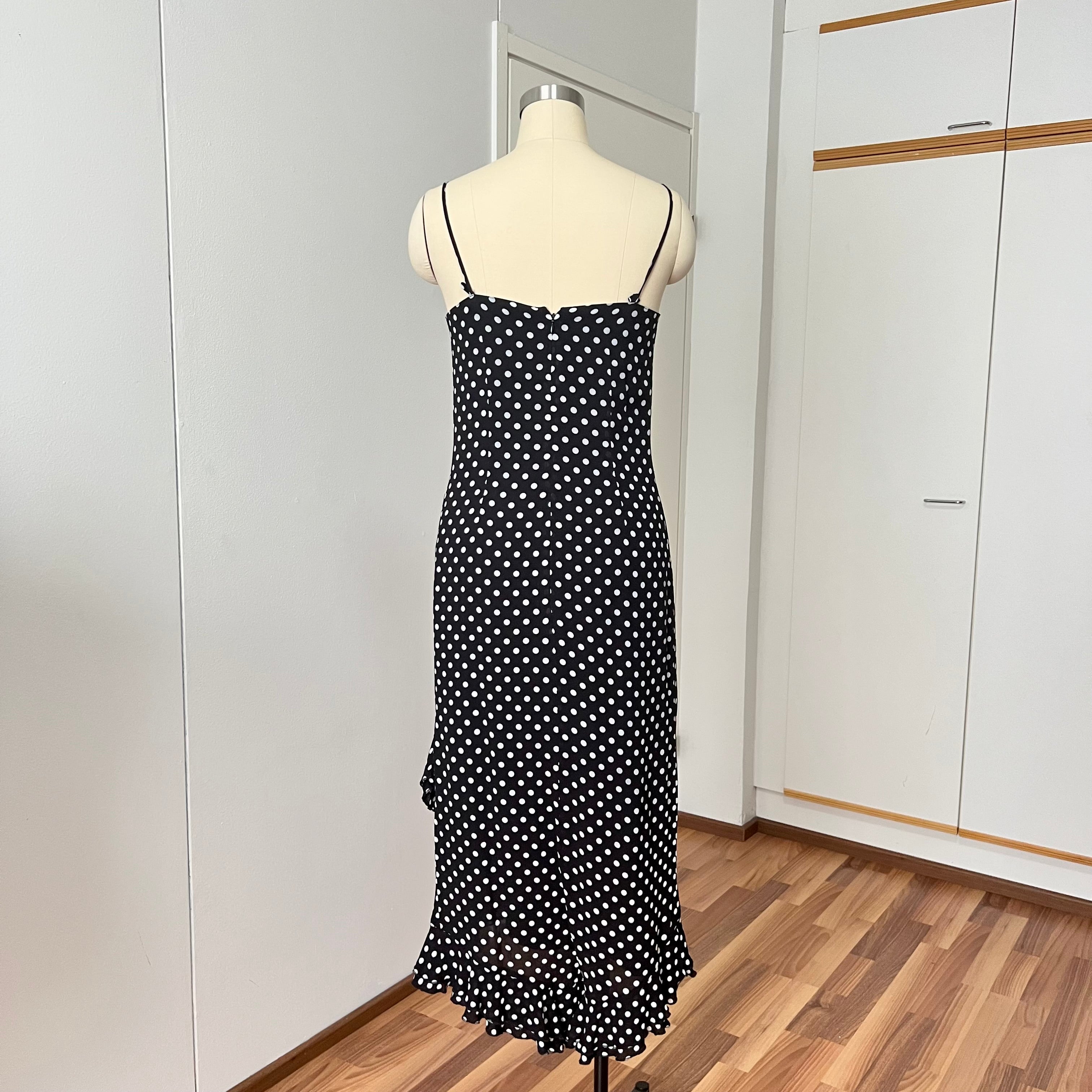 90s Viscose Polka Dot Slip Dress Ruffle Hem Spaghetti Straps Midi Asymmetric Dress EU 38