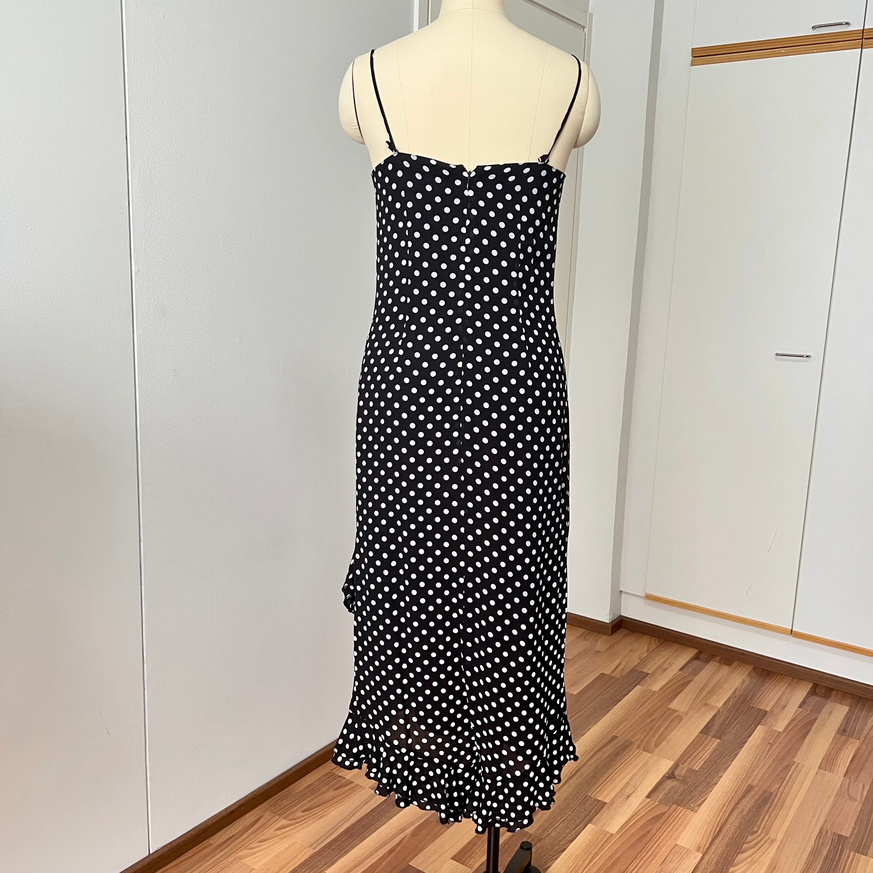 90s Viscose Polka Dot Slip Dress Ruffle Hem Spaghetti Straps Midi Asymmetric Dress EU 38