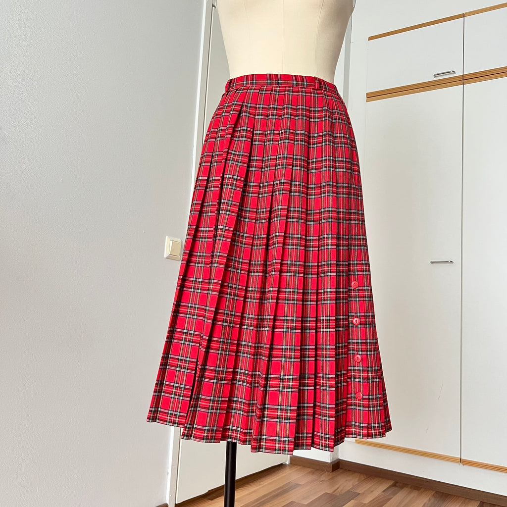 1980s Red Plaid Pleated Midi Skirt-High Waist Tartan Kilt Skirt-Dark Academia Preppy Grunge Midi Skirt-