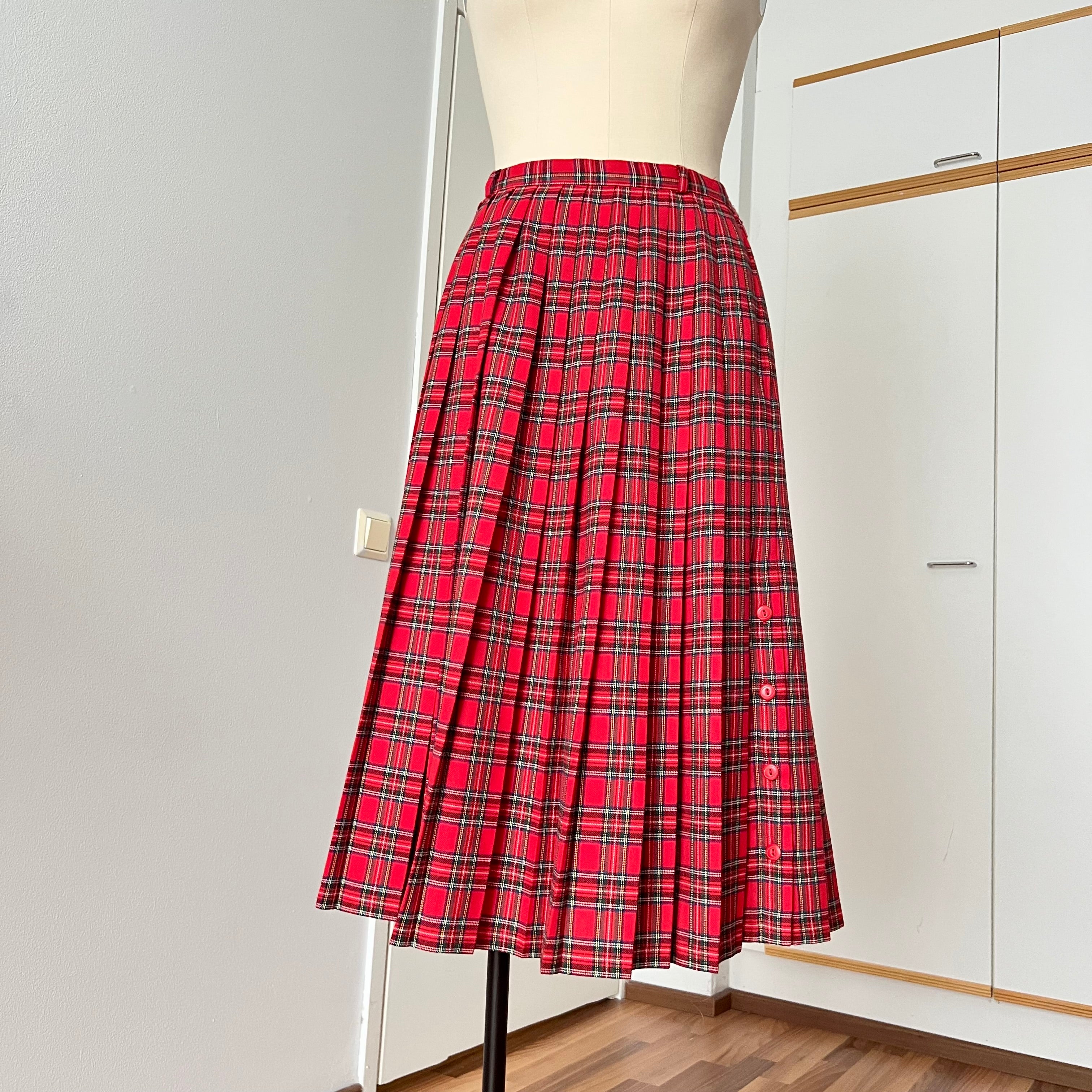 1980s Red Plaid Pleated Midi Skirt-High Waist Tartan Kilt Skirt-Dark Academia Preppy Grunge Midi Skirt-