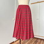 1980s Red Plaid Pleated Midi Skirt High Waist Tartan Kilt Skirt Dark Academia Midi Skirt