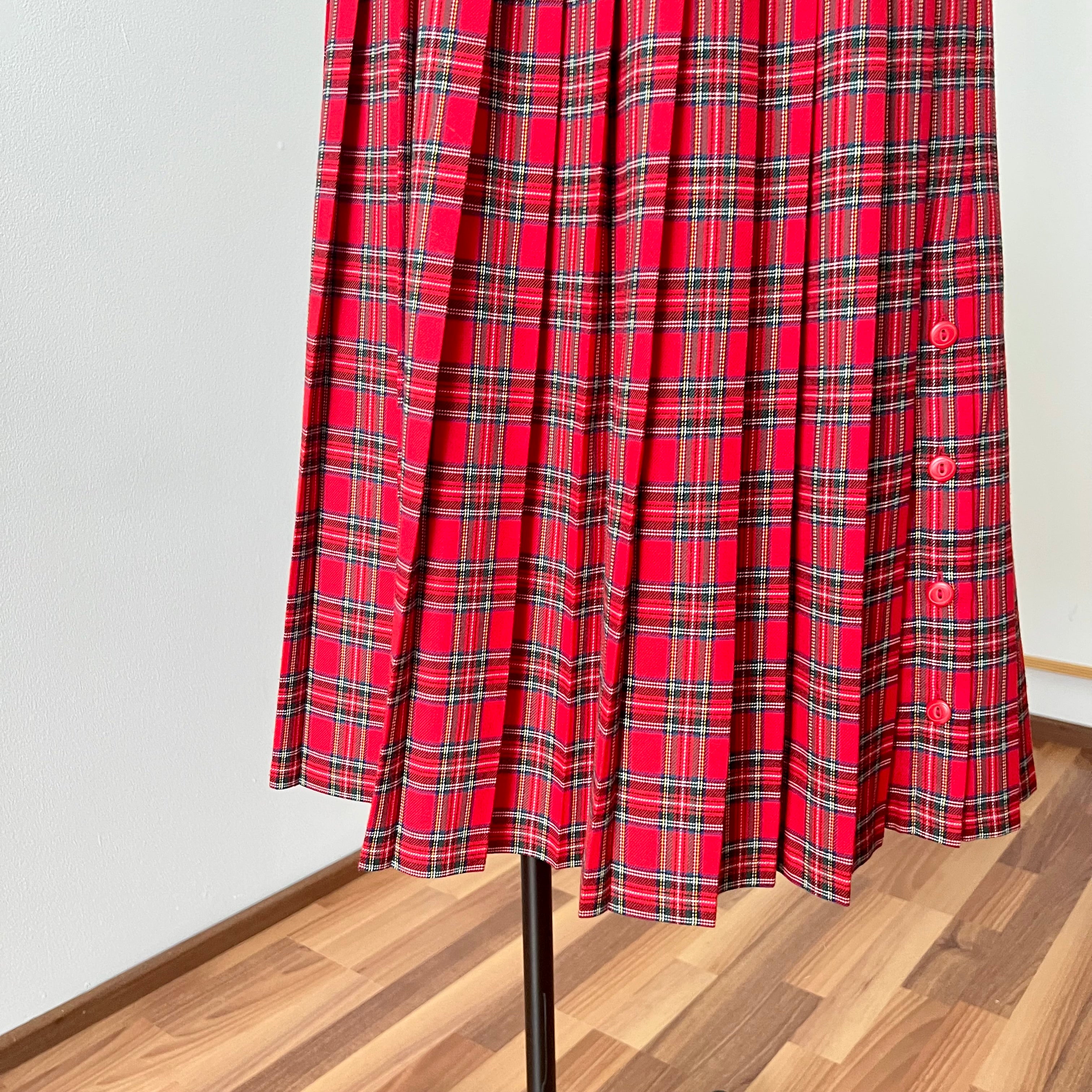 1980s Red Plaid Pleated Midi Skirt High Waist Tartan Kilt Skirt Dark Academia Midi Skirt