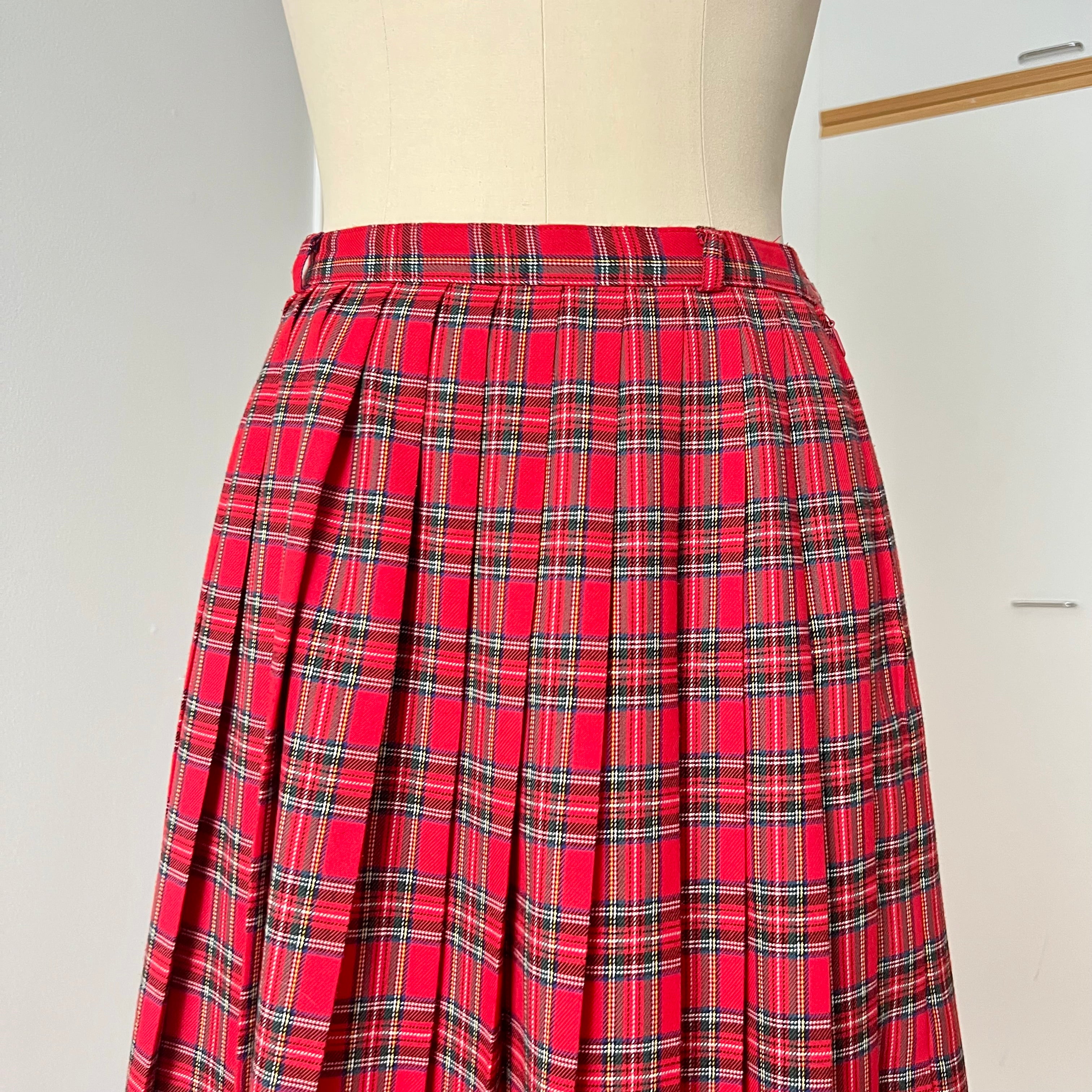 1980s Red Plaid Pleated Midi Skirt High Waist Tartan Kilt Skirt Dark Academia Midi Skirt