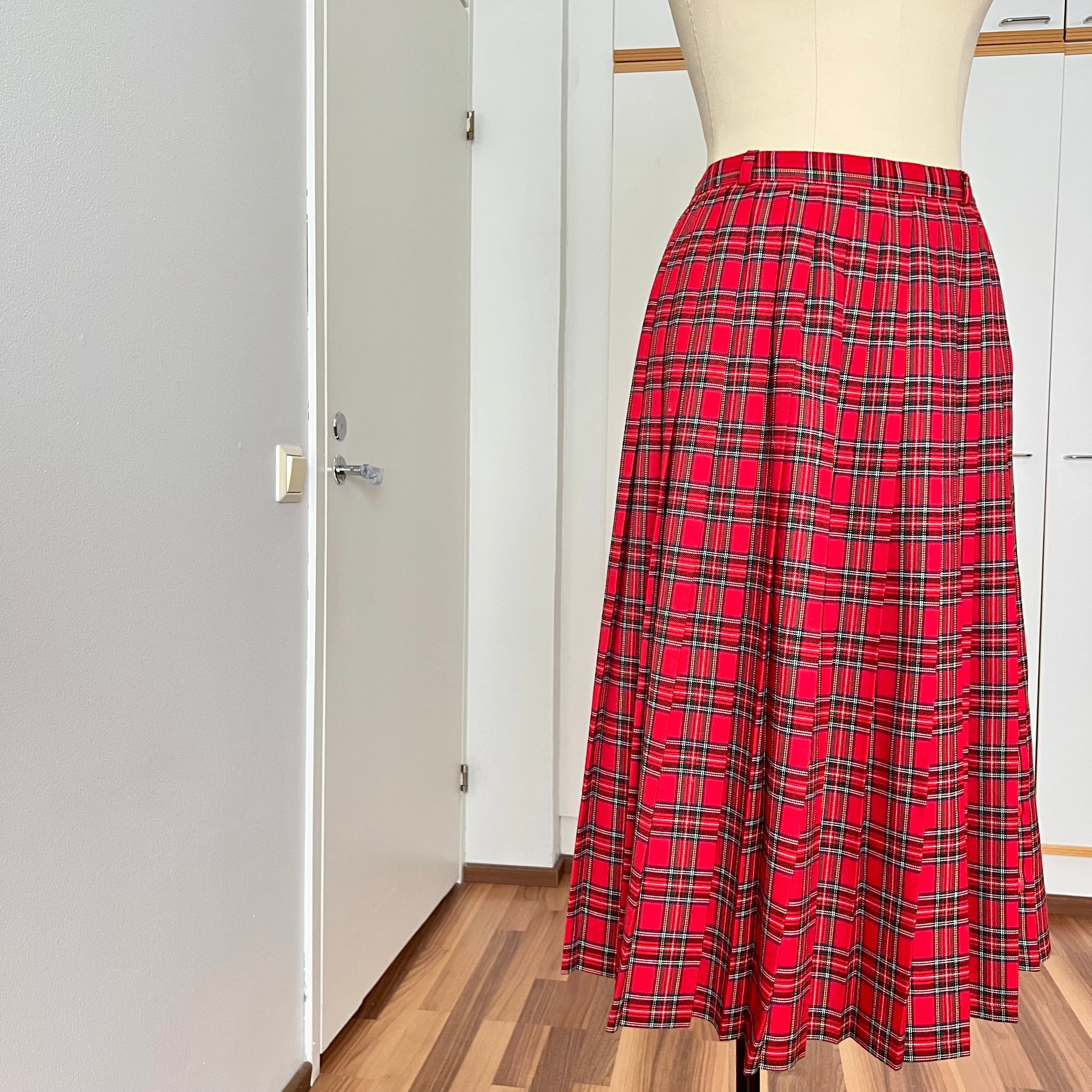 1980s Red Plaid Pleated Midi Skirt High Waist Tartan Kilt Skirt Dark Academia Midi Skirt