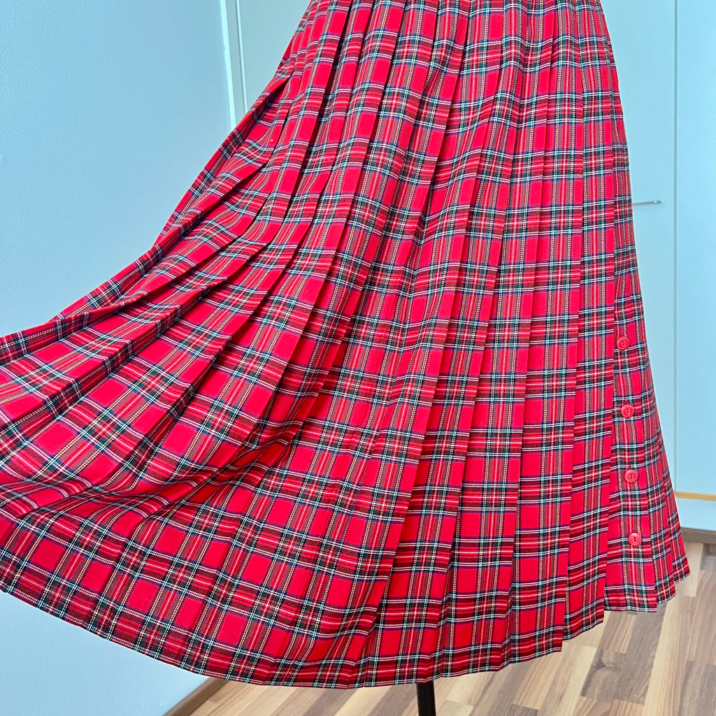1980s Red Plaid Pleated Midi Skirt High Waist Tartan Kilt Skirt Dark Academia Midi Skirt