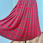 1980s Red Plaid Pleated Midi Skirt High Waist Tartan Kilt Skirt Dark Academia Midi Skirt
