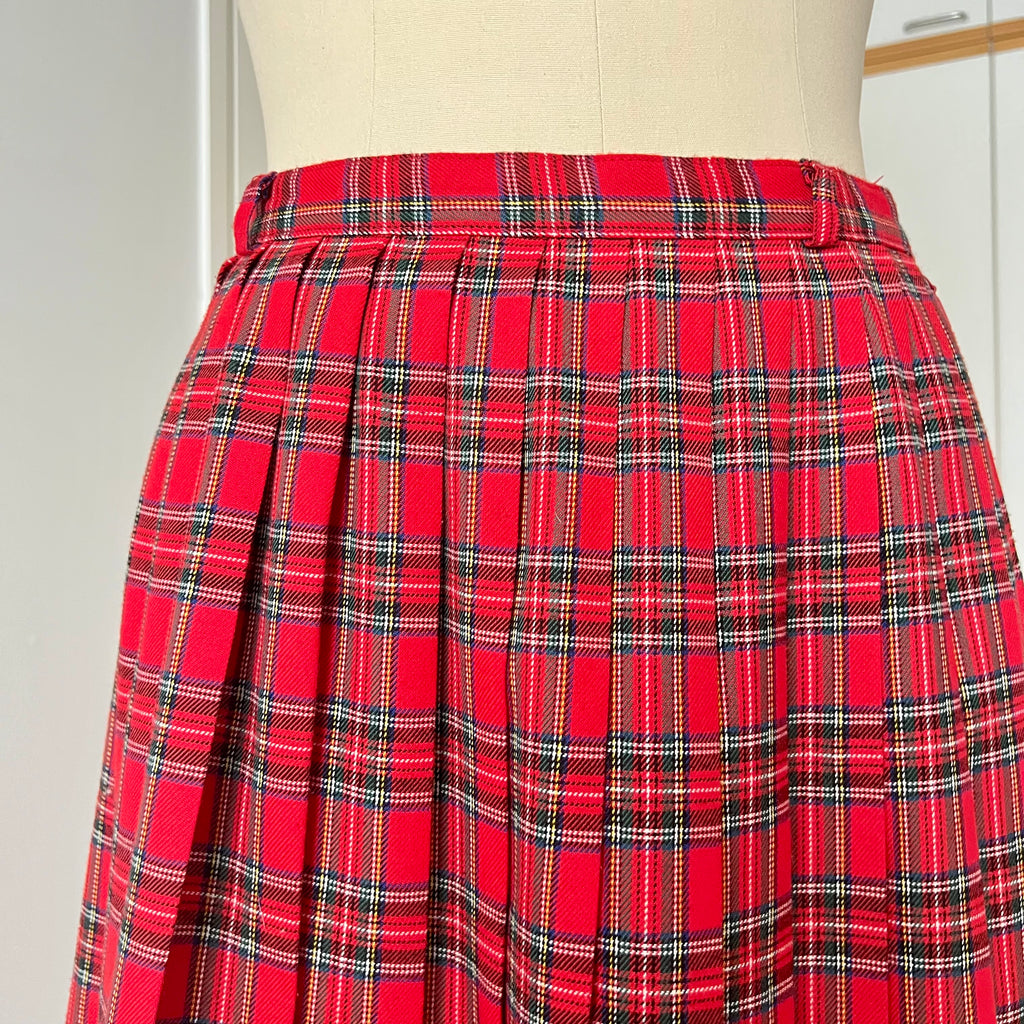 1980s Red Plaid Pleated Midi Skirt High Waist Tartan Kilt Skirt Dark Academia Midi Skirt