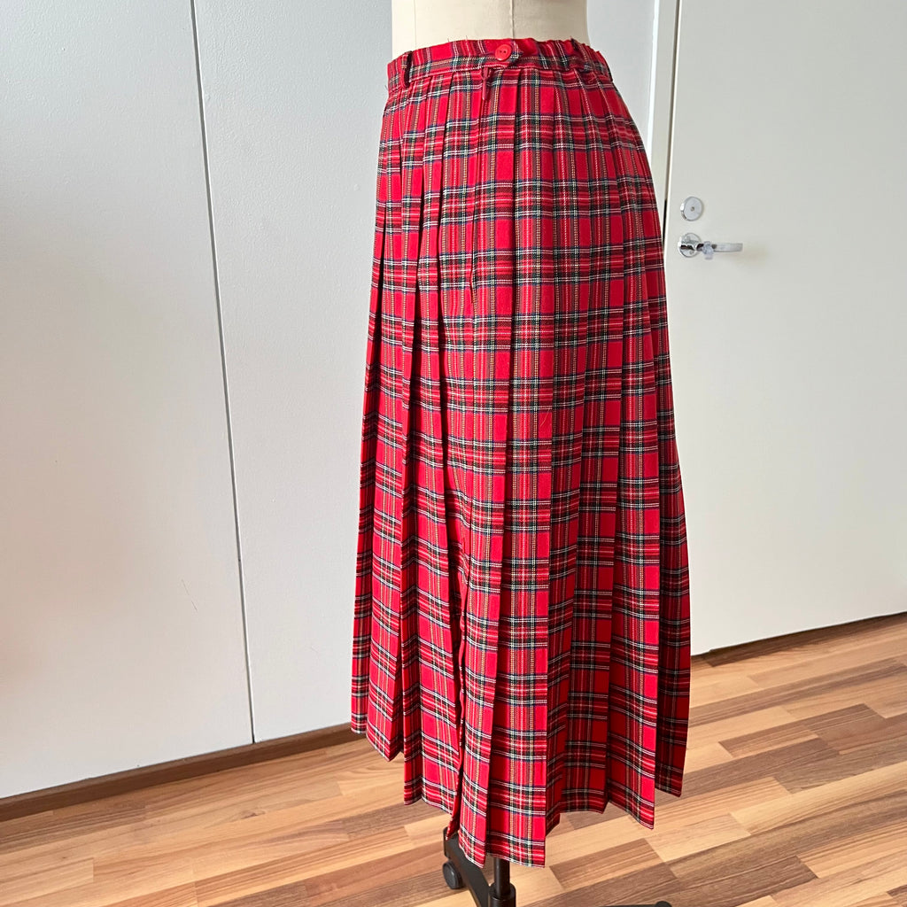 1980s Red Plaid Pleated Midi Skirt High Waist Tartan Kilt Skirt Dark Academia Midi Skirt