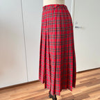 1980s Red Plaid Pleated Midi Skirt High Waist Tartan Kilt Skirt Dark Academia Midi Skirt