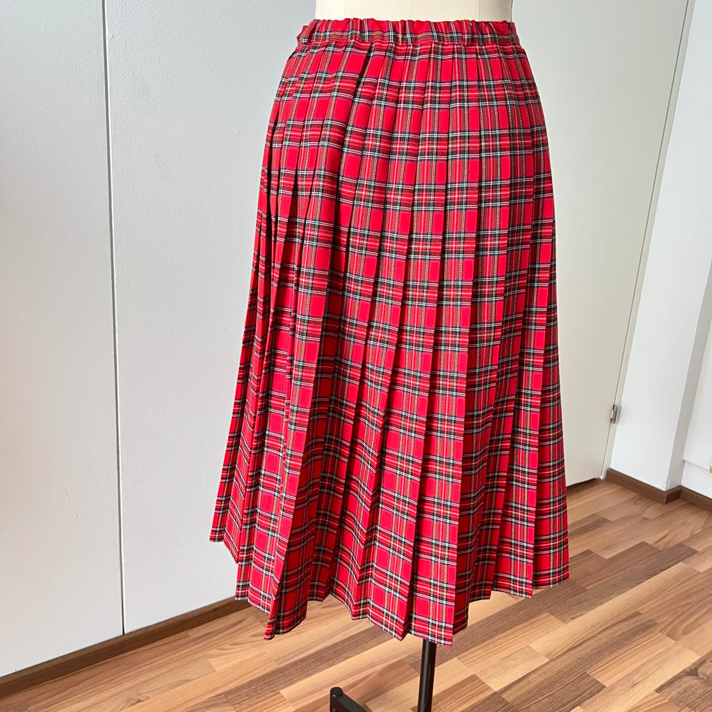 1980s Red Plaid Pleated Midi Skirt High Waist Tartan Kilt Skirt Dark Academia Midi Skirt