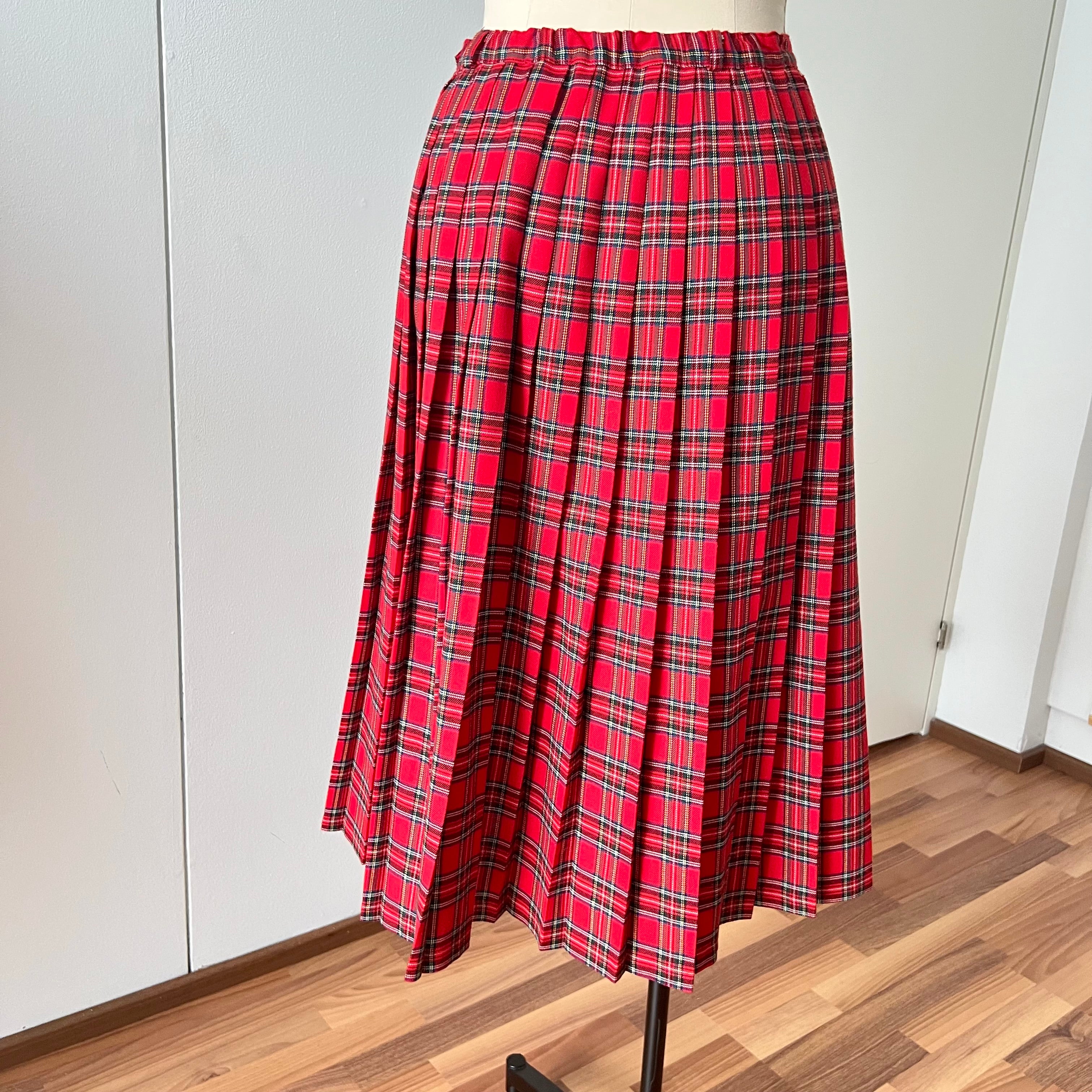 1980s Red Plaid Pleated Midi Skirt High Waist Tartan Kilt Skirt Dark Academia Midi Skirt