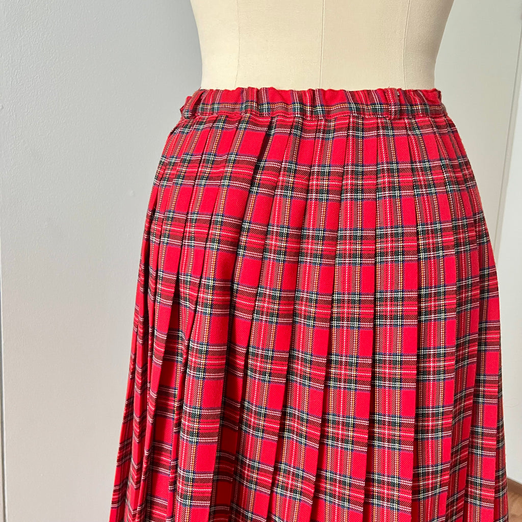 1980s Red Plaid Pleated Midi Skirt High Waist Tartan Kilt Skirt Dark Academia Midi Skirt