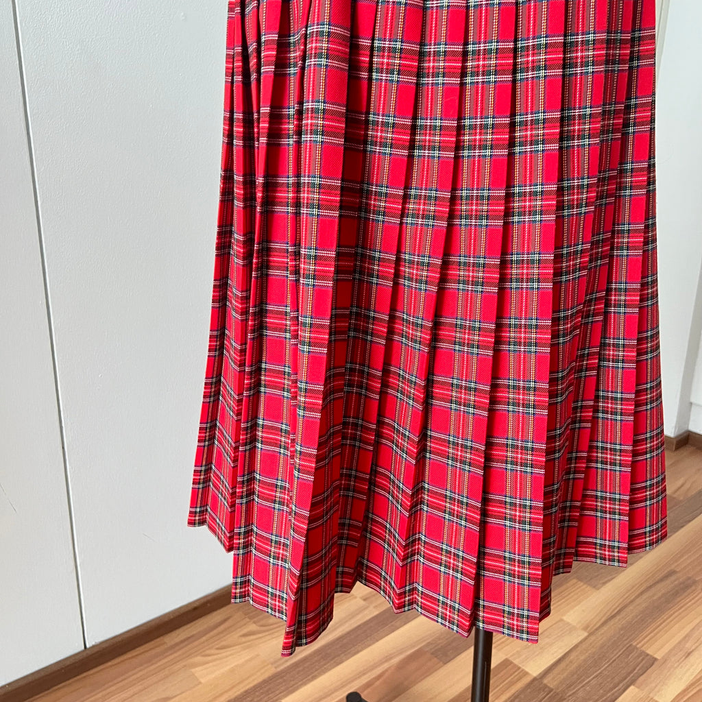 1980s Red Plaid Pleated Midi Skirt High Waist Tartan Kilt Skirt Dark Academia Midi Skirt