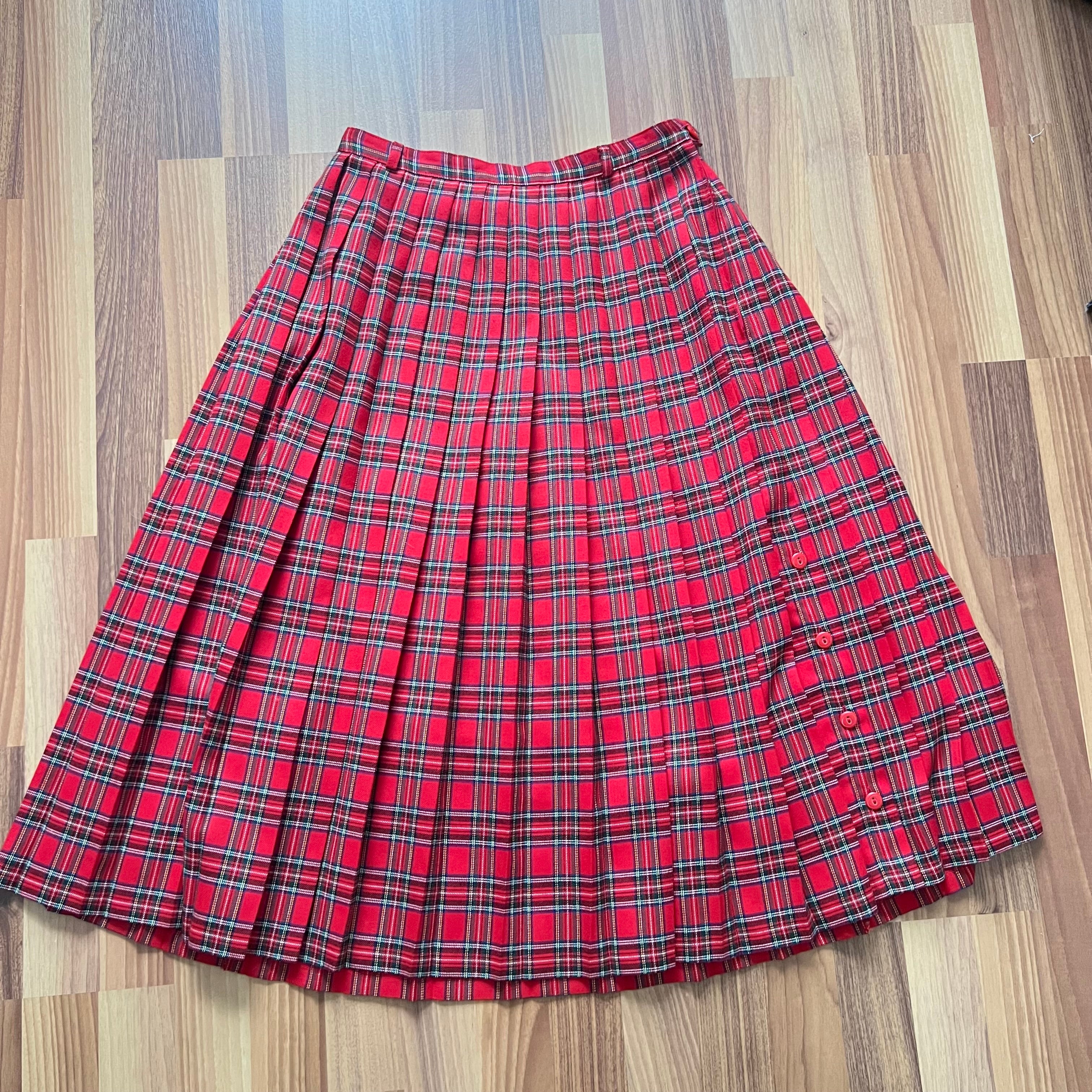 1980s Red Plaid Pleated Midi Skirt High Waist Tartan Kilt Skirt Dark Academia Midi Skirt