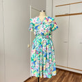 1980s Floral Midi Day Dress-French Vintage Button Front Belted Dress-Tropical Print Summer Tea Dress-80s Does 40s Pleated Dress-40s Style