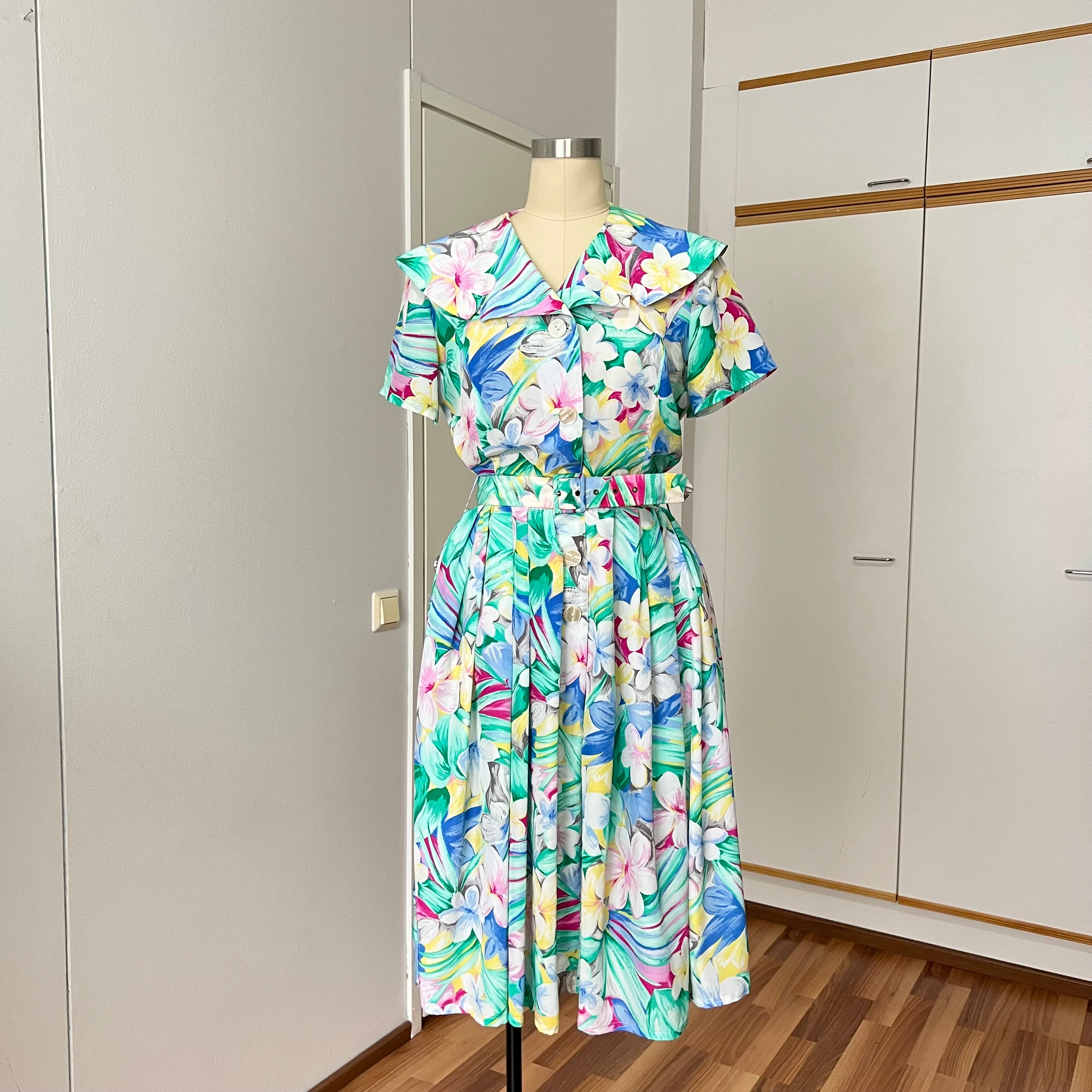 1980s Floral Midi Day Dress-French Vintage Button Front Belted Dress-Tropical Print Summer Tea Dress-80s Does 40s Pleated Dress-40s Style