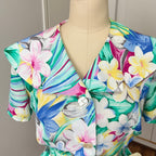 1980s Floral Midi Day Dress French Vintage Button Front Tropical Print Summer Tea Dress