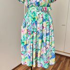 1980s Floral Midi Day Dress French Vintage Button Front Tropical Print Summer Tea Dress
